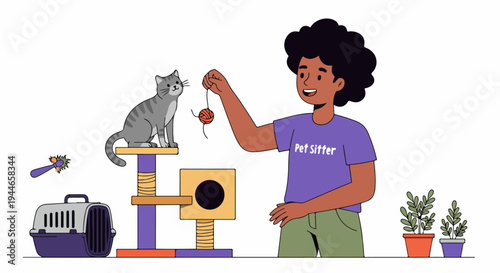 Pet sitter playing with a cat on a cat tree, symbolizing professional animal care and pet services.