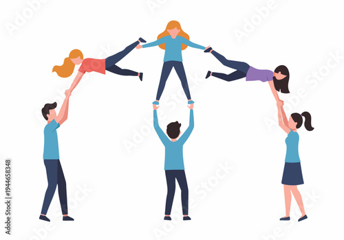 Flat vector illustration of a team of people forming a stable human pyramid, symbolizing teamwork, collaboration, support, and success.