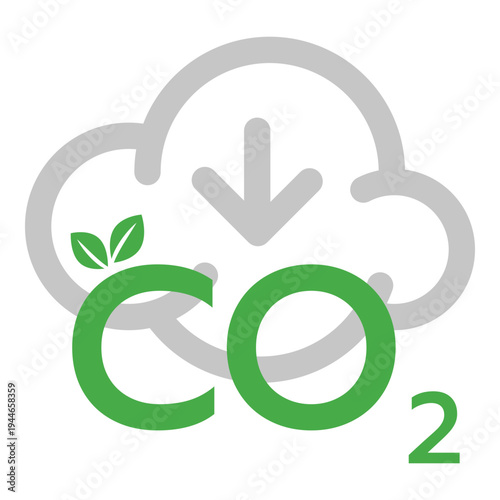 Carbon dioxide emission reduction and sequestration icon with green CO2 text and cloud arrow symbol for environmental protection and climate change awareness vector design.