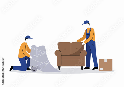 Professional movers carefully packing and wrapping furniture with protective materials before moving or delivery service.