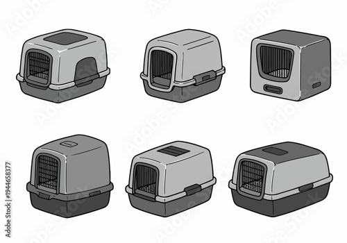 Vector illustration set of six grayscale pet travel carriers or portable dog kennels isolated on white.