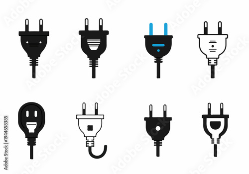 Electrical power plugs icon set in various styles, representing electric connection and technology, isolated on a white background.