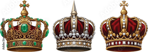 Set of Ornate Royal Crowns with Gold Filigree Emeralds and Diamonds Including Imperial Tiaras for Monarchy Coronation and Luxury Jewelry Design