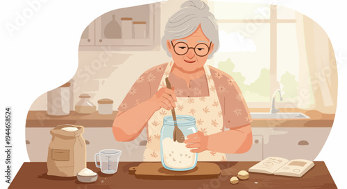 Happy senior woman mixing ingredients for baking, possibly sourdough starter, in a cozy, sunlit home kitchen illustration.