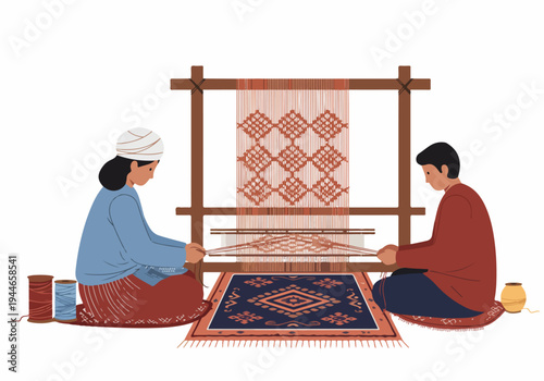 Traditional Weaving Process by Two Artisans on a Wooden Handloom, Illustrating Ancient Textile Craftsmanship.