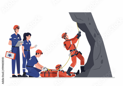 Professional mountain rescue team performing emergency extraction and first aid on an injured climber near a steep rock face.