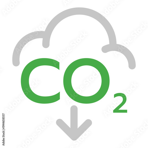Carbon dioxide emission reduction symbol with green CO2 text and downward arrow inside cloud outline for climate change concept vector design.