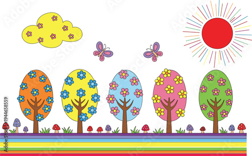 Colorful Spring Landscape Illustration with Vibrant Flowering Trees, Butterflies, Red Sun, Mushrooms, and Rainbow Ground for Kids and Children Graphic Design