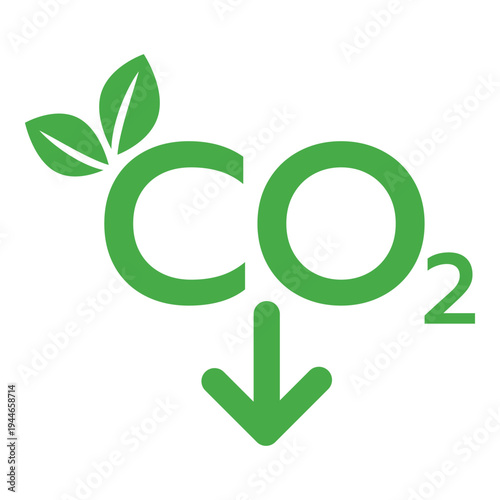 CO2 reduction symbol featuring green carbon dioxide text with leaves and a downward arrow for environmental sustainability and emission control vector design.