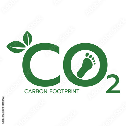 Green CO2 logo with carbon footprint symbol and leaves for environmental sustainability and emission tracking vector design.
