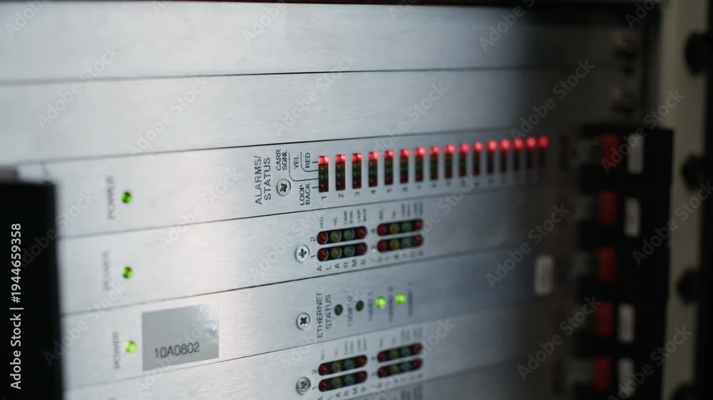 Closeup of server rack control panel with red and green status LEDs ...