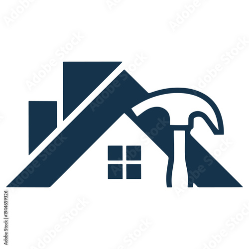 Construction logo featuring a hammer and house symbolizing building industry