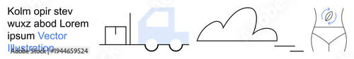 Logistics, transport, cloud storage, environmental , data storage, abstract design. Simplistic truck, cloud and human figure on a clean white background. Logistics and cloud storage concept