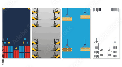 Logistics and Shipping Icons: Containers, Forklifts, Pallets, Barcodes, Tags