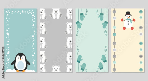 Cute Winter Borders: Penguin, Polar Bears, Snowman, Mittens