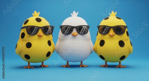 Three stylish cartoon chicks wearing sunglasses standing together