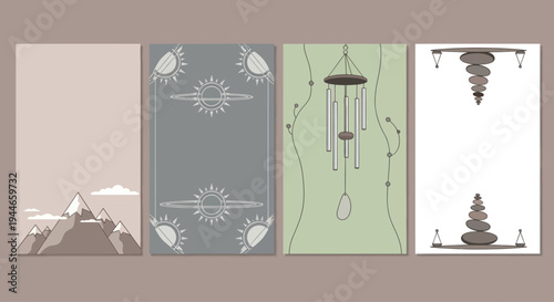 Zen meditation and mindfulness art templates: mountains, wind chimes, stones, sun.