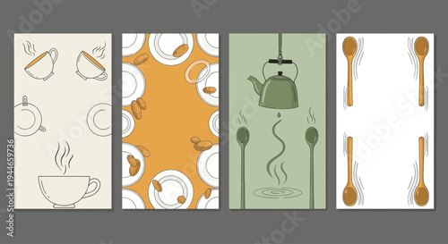 Cozy Tea Time Collection: Cups, Saucers, Kettle, Spoons, and Coffee Beans