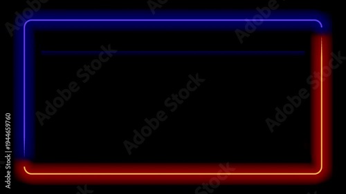 Glowing Neon Rectangle Frame Blue and Orange Loop with Alpha Channel. Abstract futuristic motion graphic featuring a seamless loop of a glowing neon rectangular frame with a transparent background.