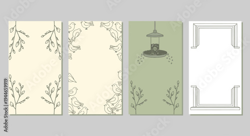 Hand-drawn illustrations of birds, branches and bird feeder on beige and green backgrounds