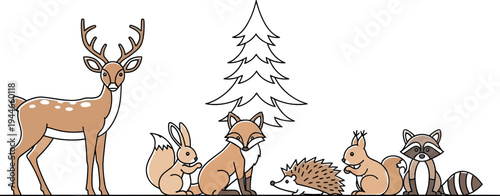 An adorable and simplified cartoon illustration showcasing a group of friendly forest animals, including a deer, fox, rabbit, hedgehog, squirrel, and raccoon, gathered in nature.