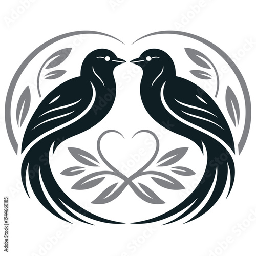 Two birds sharing an affectionate moment amidst intertwined foliage and heart shapes