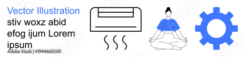 Balance, technology, relaxation, mindfulness, innovation, personal care. Air conditioner, meditating figure gear icon. Relaxation and technology concepts with modern design elements