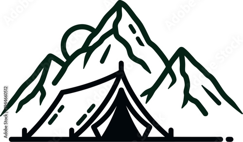 Minimalist line art illustration featuring a classic camping tent set against a backdrop of majestic mountain peaks and a prominent sun, ideal for outdoor adventure.