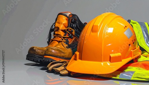 Construction safety gear with bright orange hard hat and boots on reflective surface