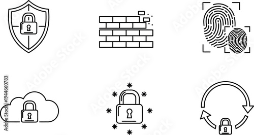 A collection of six distinct black and white line icons representing essential concepts of digital security and data protection methods