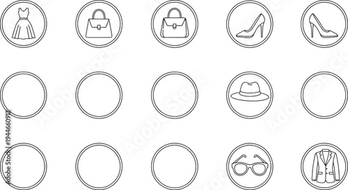 Black and white outline icons representing various stylish accessories and clothing items perfect for fashion concepts