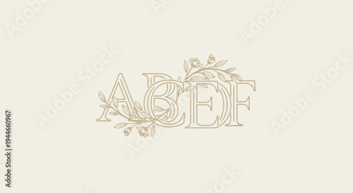 Elegant art nouveau golden line art letters abcde with beautiful floral flourishes and blooming branches create a sophisticated decorative initial design on a light background.