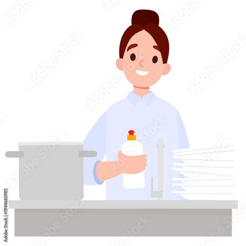 Happy Woman mother Washing Dishes in Kitchen