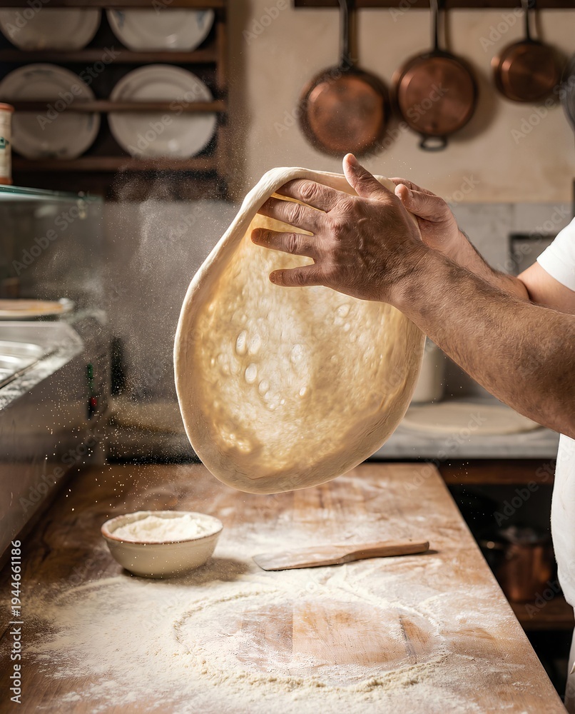 Fototapeta premium Hands stretching fresh pizza dough above a floured work surface in warm kitchen light with copy space, ideal for pizzeria, baking, and artisan food marketing 