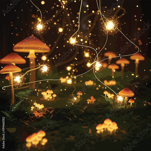 Glowing mushrooms emit sparks in a mystical forest at night