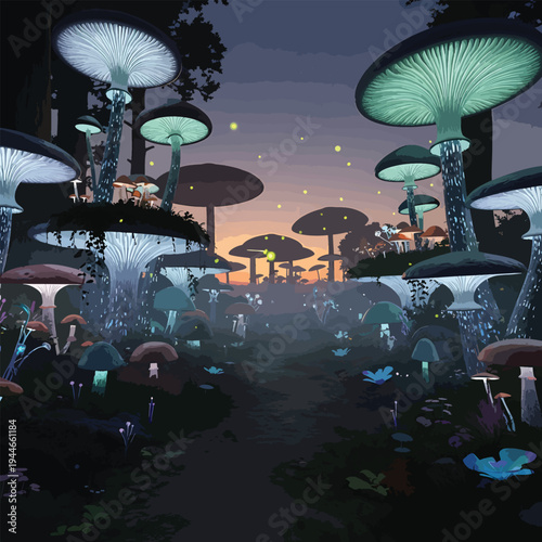 Enchanted mushroom woodland scene at dusk with glowing fungi and fireflies