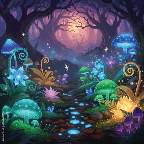 Giant glowing mushroom grows in a mystical forest at sunset with sparkling fireflies