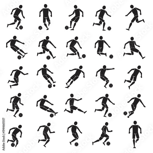 Soccer Player Silhouettes Set with Various Actions and Ball Control.Professional Football Player Icons Pass Shoot Dribble and Goal Kick Vector