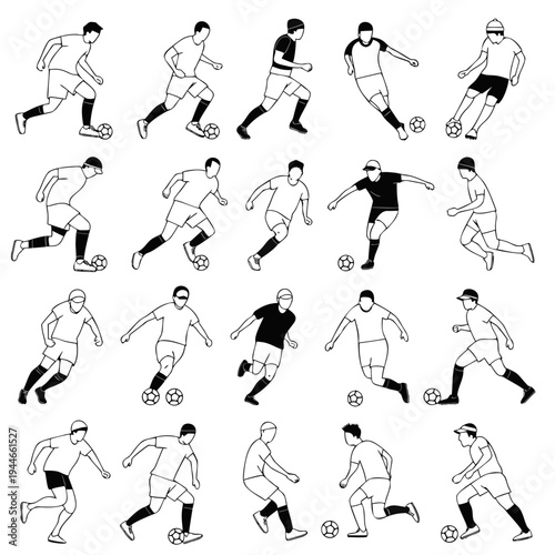 Set of Soccer Player Action Poses Line Art and Silhouette Icons.