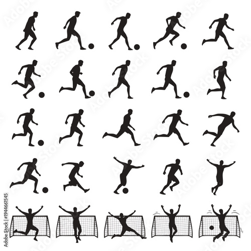Soccer football player silhouette icon set, athletic poses and action movements vector illustration.
