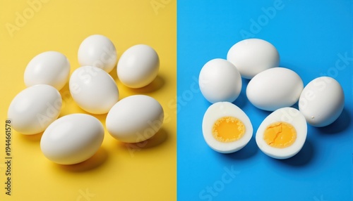 White boiled easter eggs move from yellow background to blue and become cut
