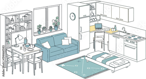 Minimalist isometric illustration of a small, functional studio apartment interior design, featuring a combined living, dining, kitchen, and sleeping area with modern furniture.