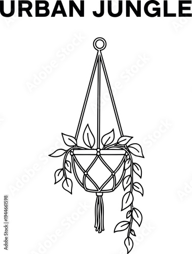 Urban jungle themed minimalist line art illustration featuring a charming indoor plant hanging in a decorative macrame planter, perfect for home decor and nature lovers.
