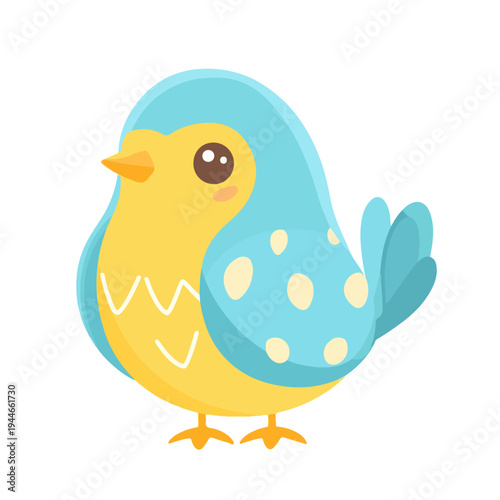 Cute blue and yellow vector bird illustration in a flat cartoon style. Adorable character with polka dot wings, isolated on white for baby design.