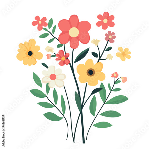 Lush floral bouquet vector illustration. Hand-drawn composition of various blooming flowers and green leaves isolated on white. Vibrant spring design.