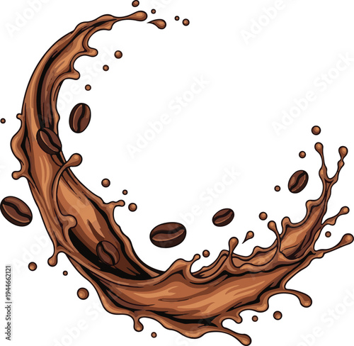 Coffee Splash Illustration with Roasted Beans, Brown Liquid Swirl Vector on White Background