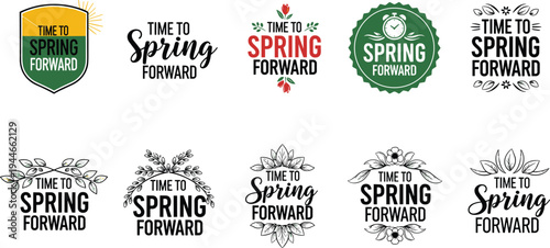 Spring forward typography illustration set, seasonal daylight artwork, decorative text vector design, bold graphic icon, black white colorful symbol