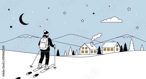 Winter skiing village illustration, snowy mountain artwork, night landscape vector design, bold graphic icon, black white seasonal symbol