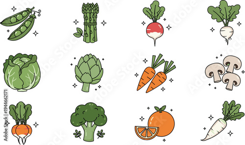 Vegetable fruit illustration set, healthy food artwork, nutrition vector design, bold graphic icon, colorful fresh lifestyle symbol