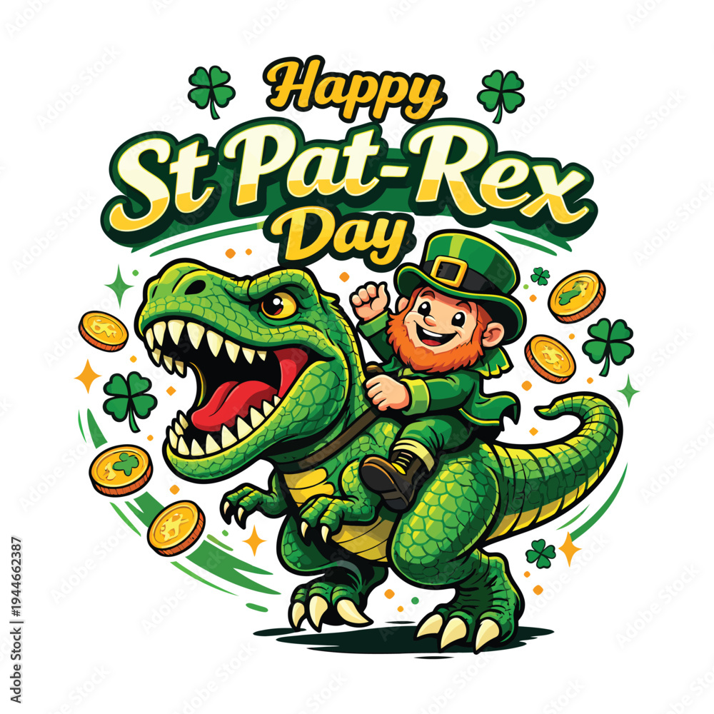 Obraz premium Happy St Pat Rex Day Funny Dinosaur Leprechaun Kids Vector Illustration